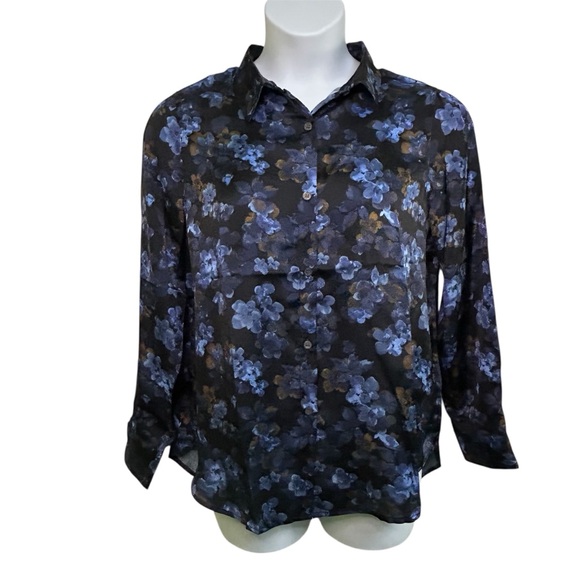 Elie Tahari Tops - Elie. Elie Tahari Blouse Long Sleeve Floral Blue Gold Casual Sz Small & Medium